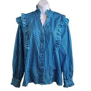 The Shirt Rochelle Behrens Blue Print Ruffled Blouse Size M Boho Fairy Victorian